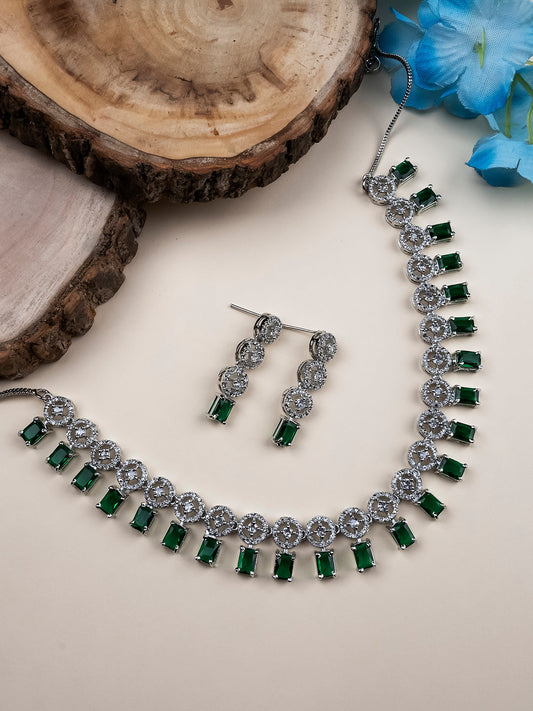 Silver Plated Green Square AD Necklace Set