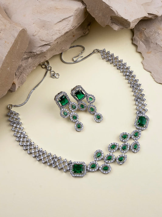 Green AD Studded Leaf Necklace Set