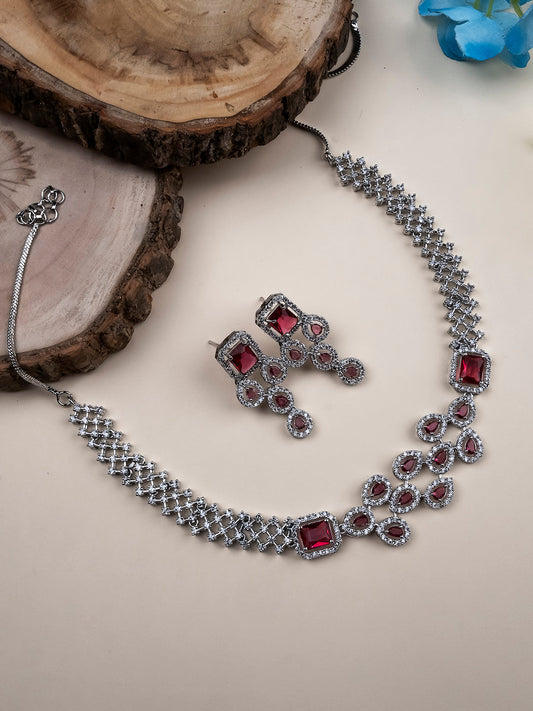 Red AD Studded Leaf Necklace Set