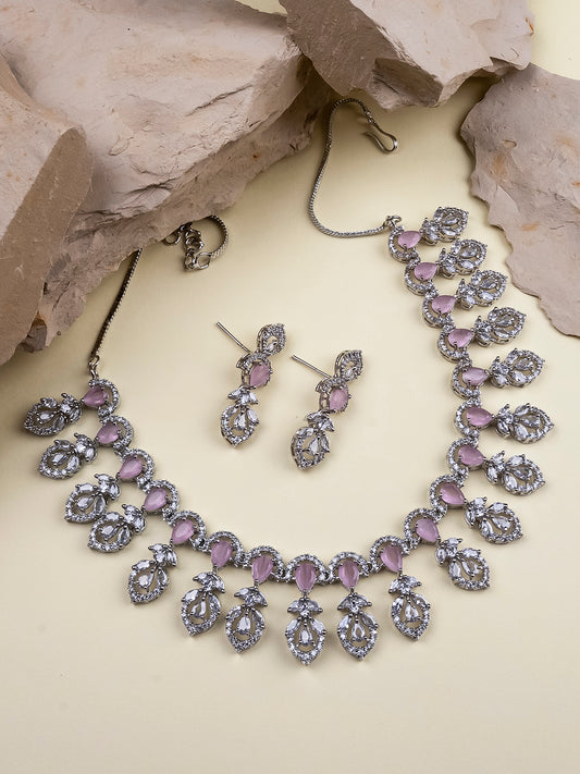 Pink AD-CZ Leaf Style Necklace Set