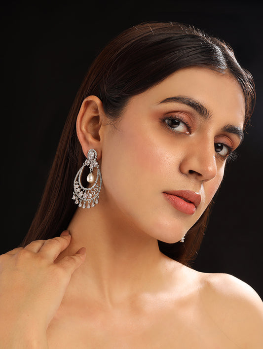 Silver Plated White American Diamond Studded Drop Earrings - Shop Now!