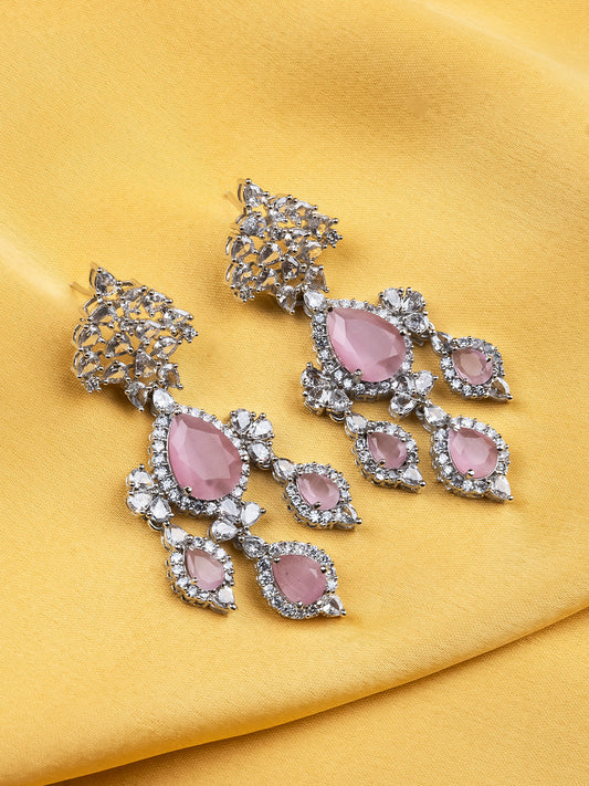 Silver-Plated Luxurious AD Pink Waterfall Earrings