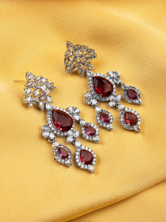 Silver-Plated Luxurious AD Red Waterfall Earrings