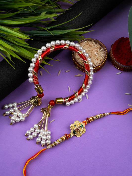 Handcrafted Ganesha and Pearl Kada Bhai Bhabhi Rakhi Set