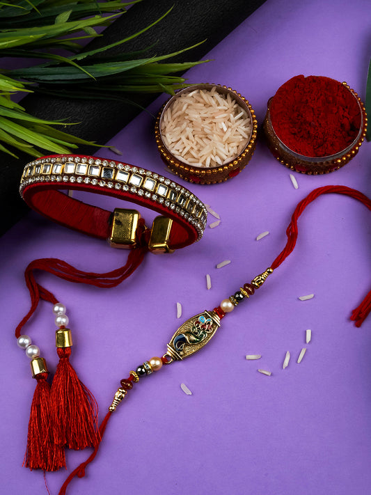 Bhai Bhabhi Kundan Rakhi Set