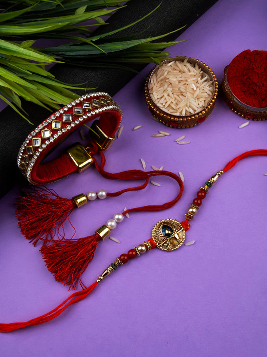 Stylish Bhai Bhabhi Kundan Rakhi Set