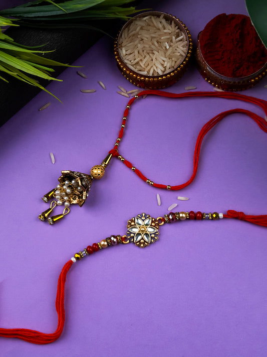 Traditional Kundan Antique Lumba Wali Bhai Bhabhi Rakhi Combo Pack