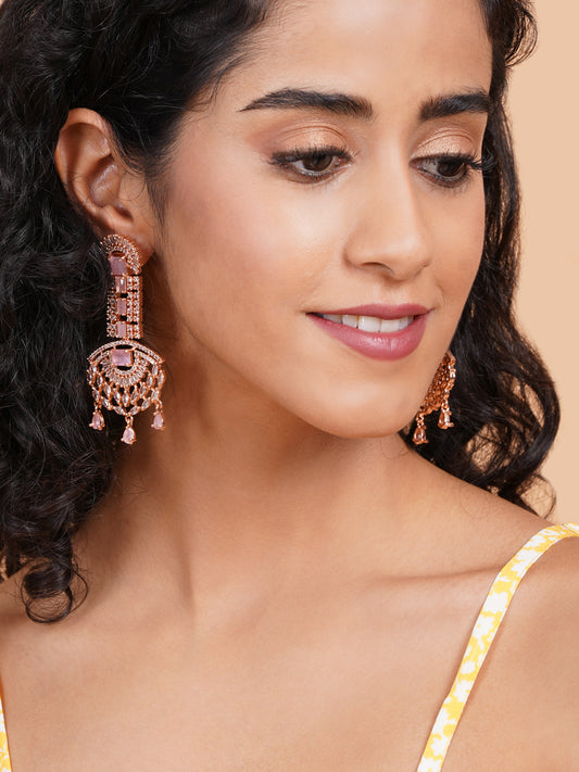 Rose Gold Plated Big Size AD CZ Studded Pink Luxury Earrings