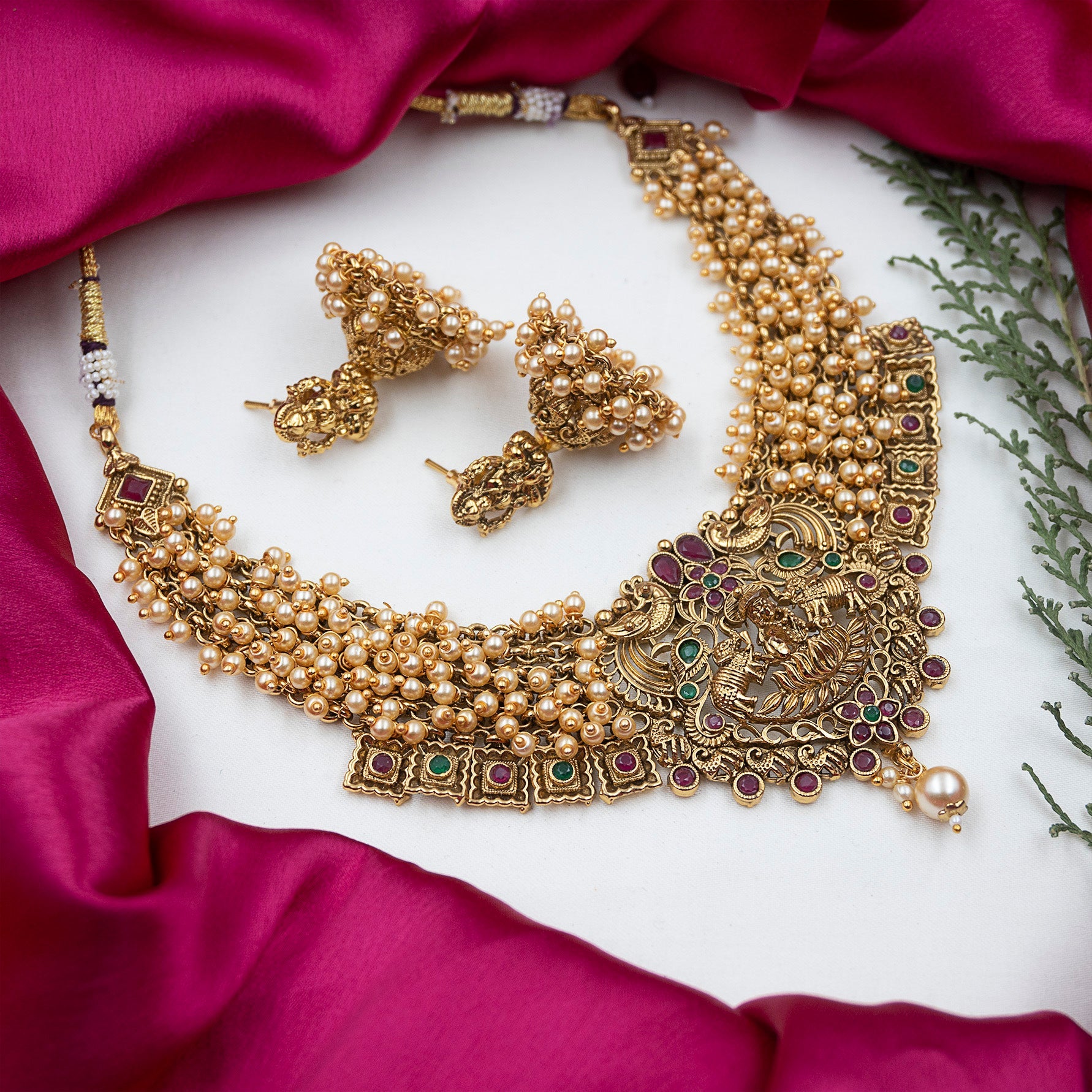 Exquisite Gold-Plated Temple Hydra Beads Necklace Set - A divine blend of tradition and elegance. Elevate your style with this stunning piece from SileAdda.