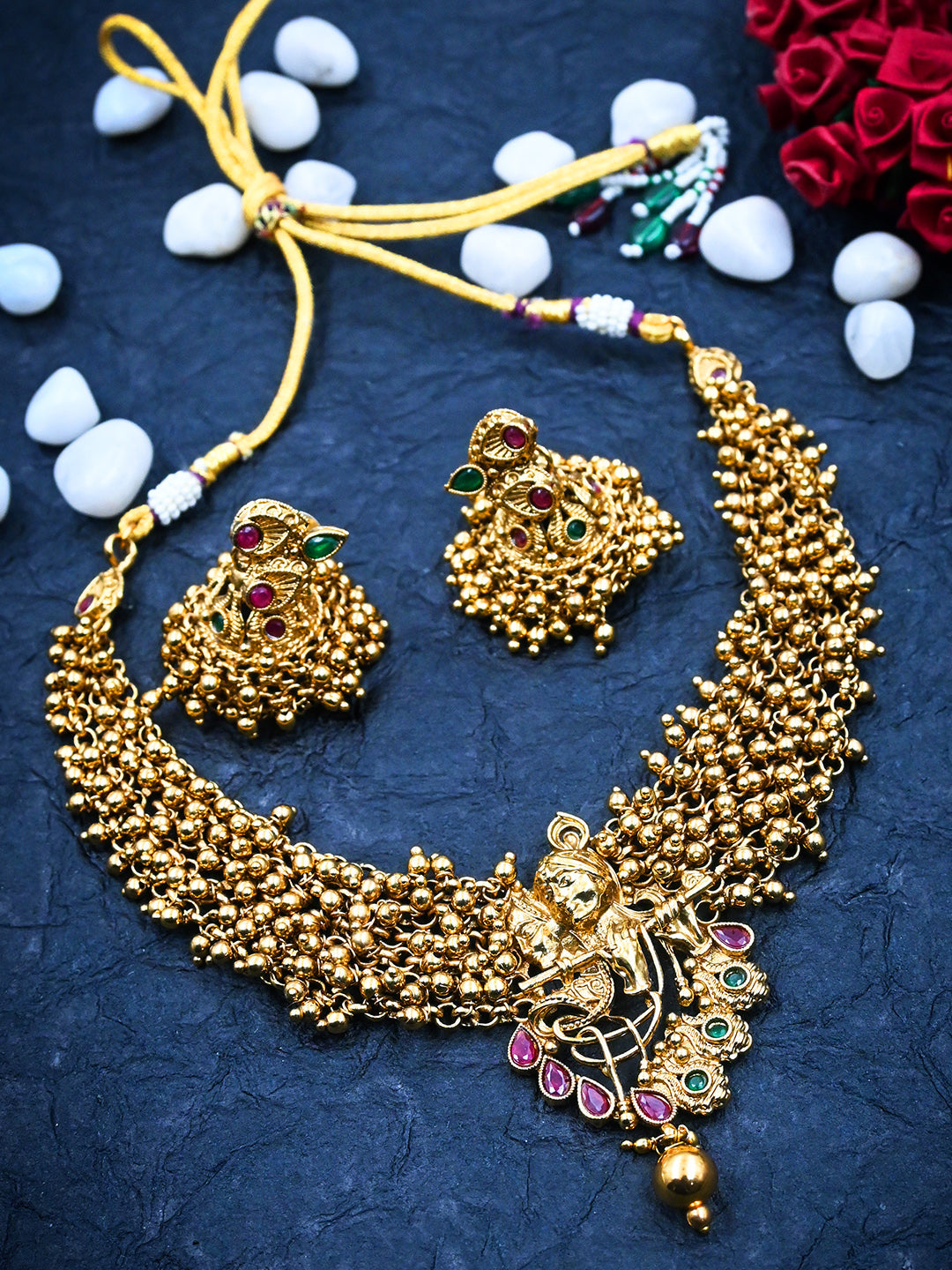 Exquisite Gold-Plated Temple Hydra Beads Necklace Set - A divine blend of tradition and elegance. Elevate your style with this stunning piece from SileAdda.