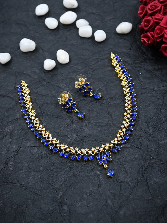 Bold Blue American Diamond Gold Plated Sleek Necklace | Shop Now!