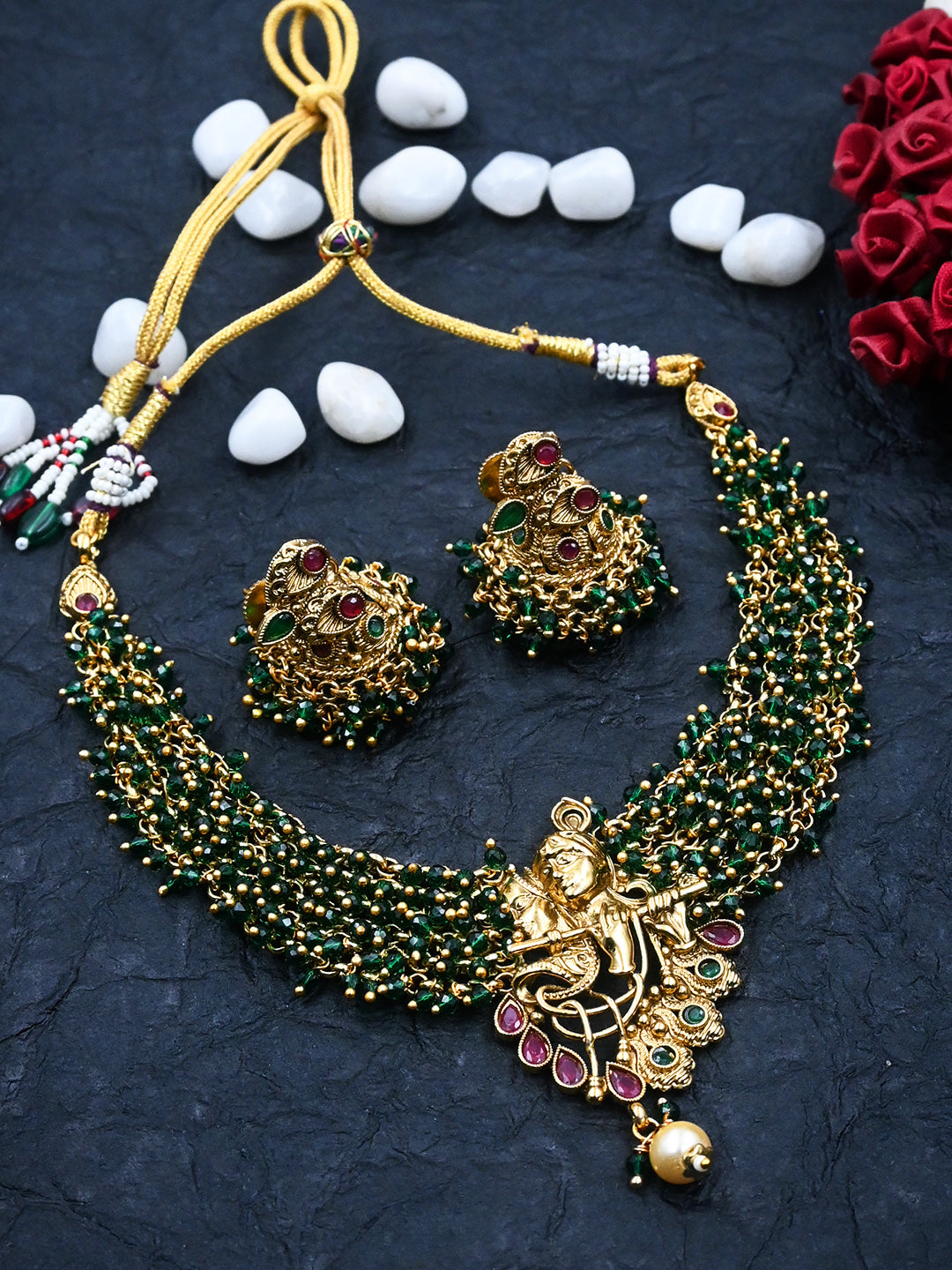 Exquisite Gold-Plated Temple Hydra Beads Necklace Set - A divine blend of tradition and elegance. Elevate your style with this stunning piece from SileAdda.