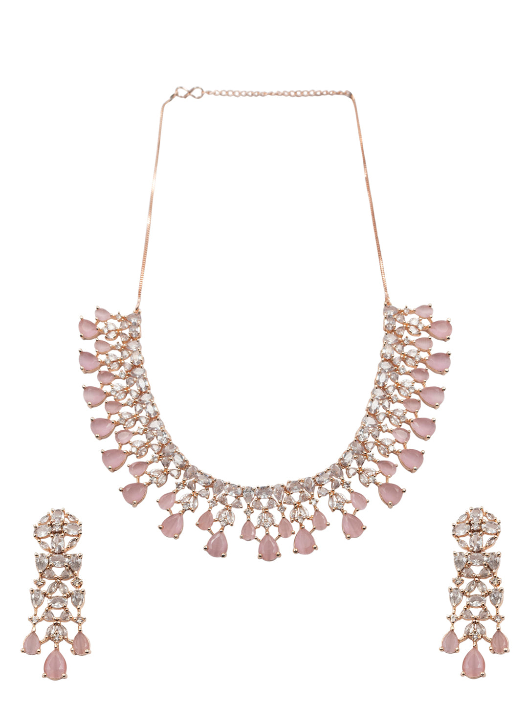 Rose Gold Plated AD and CZ Studded Flower Motif Bridal Necklace Set