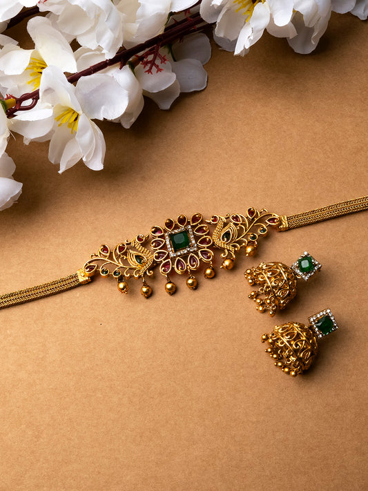 Exquisite Gold Plated Leaf Choker Set With Jhumkis