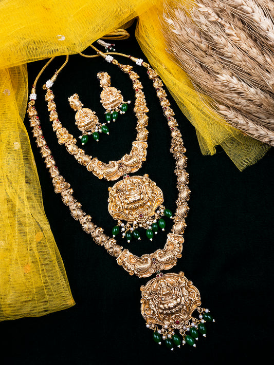 Gold Plated Temple Green Beads Combo Jewelry Set