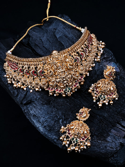 Matte Finish Lakshmi Choker With Golden Beads