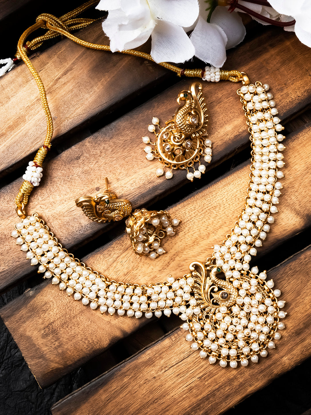 Exquisite Gold-Plated Temple Hydra Beads Necklace Set - A divine blend of tradition and elegance. Elevate your style with this stunning piece from SileAdda.