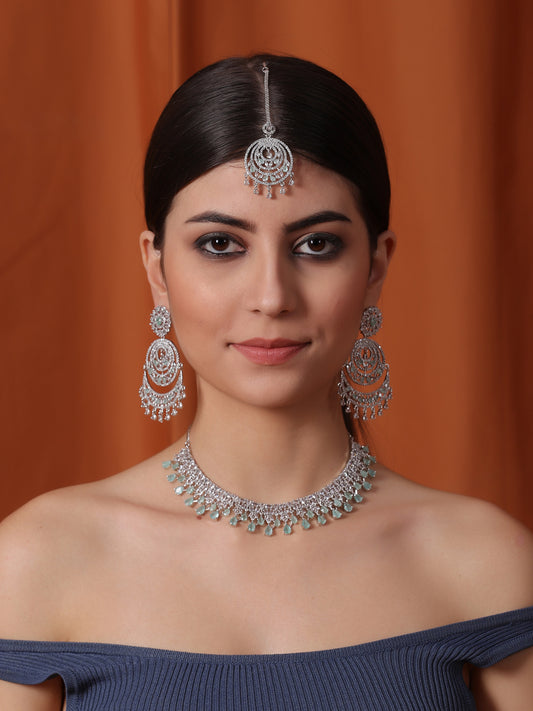 Handcrafted Silver Plated Turquoise CZ AD Studded Bridal Necklace Set With Danglers and Maangtika