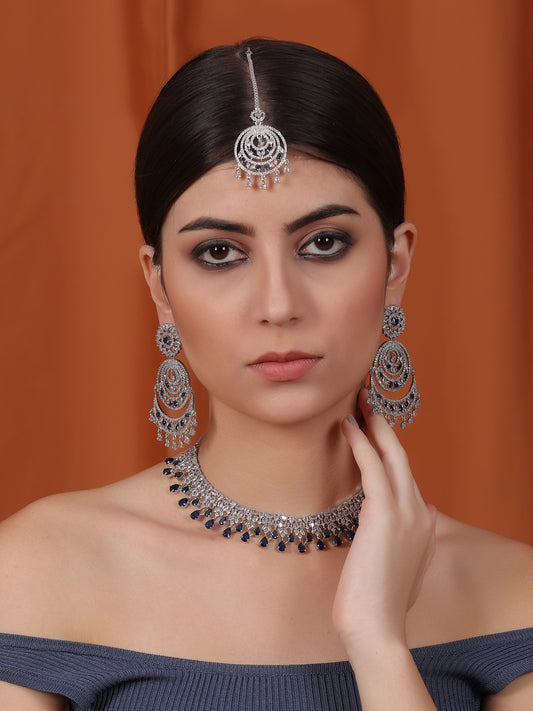 Handcrafted Silver Plated Blue CZ AD Studded Bridal Necklace Set With Danglers and Maangtika