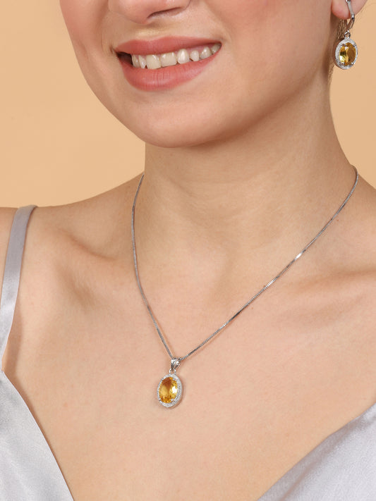 Shimring Yellow CZ Studded Oval Pendant Set |Perfect Gift For Her