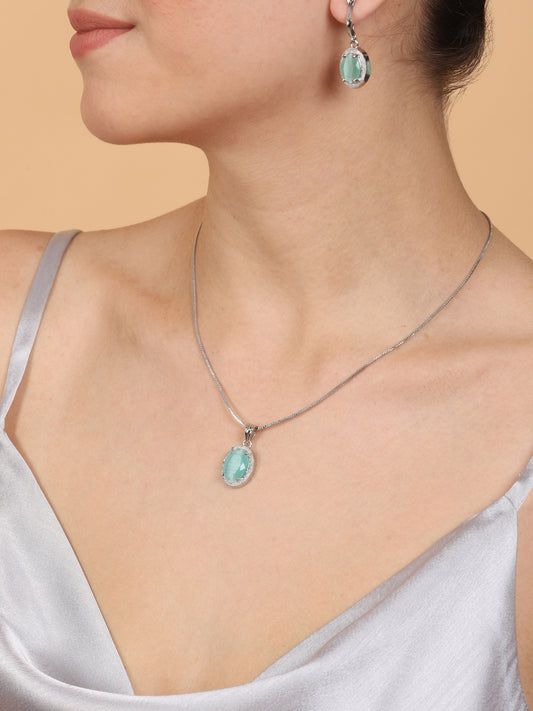 Exotic Classy Rhodium Plated Turquoise Hue Pendant Set