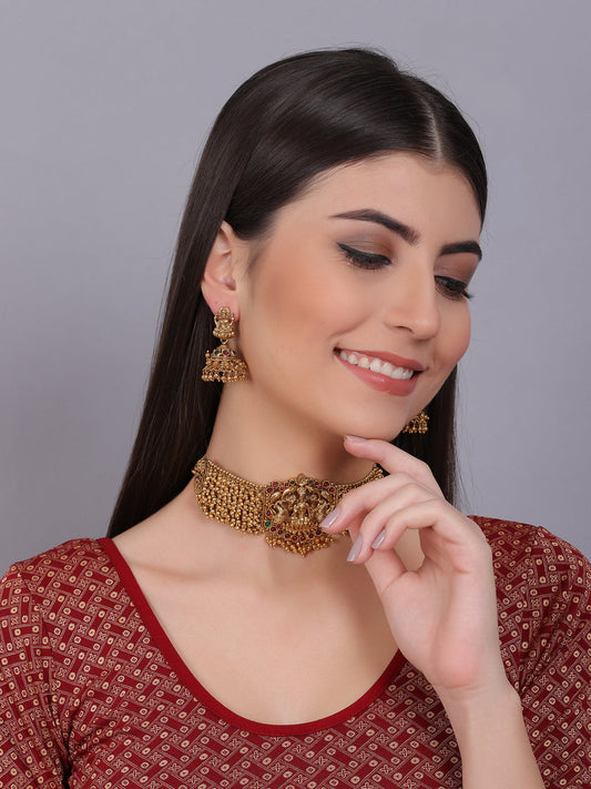 Exquisite Gold-Plated Temple Hydra Beads Necklace Set - A divine blend of tradition and elegance. Elevate your style with this stunning piece from SileAdda.