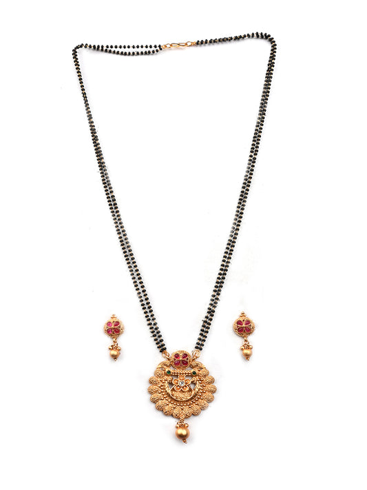 Gold Plated Rajwadi Mangalsutra With Long Double Line Black Beads Mala and Polki Ring