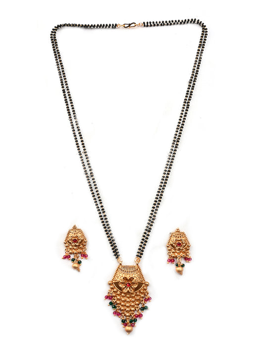 Gold Plated Multicolor Rajwadi Mangalsutra With Long Double Line Black Beads Mala and Red Polki Ring