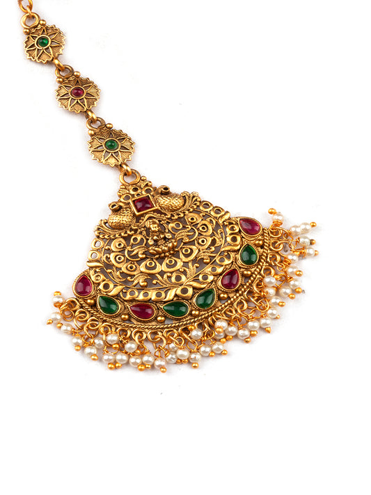 Stunning Gold Plated Kemp Maangtika Design With White Beads