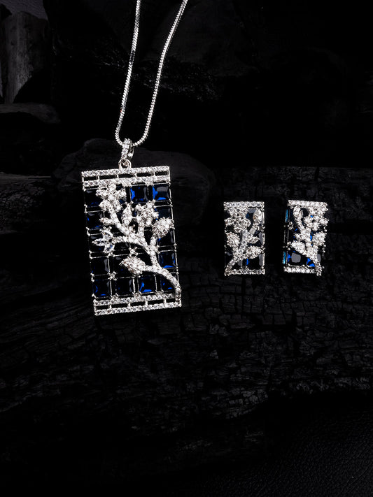 Luxurious Blue AD Square Pendant Set With Studs