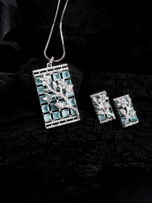 Luxurious Turquoise AD Square Pendant Earrings With Studs