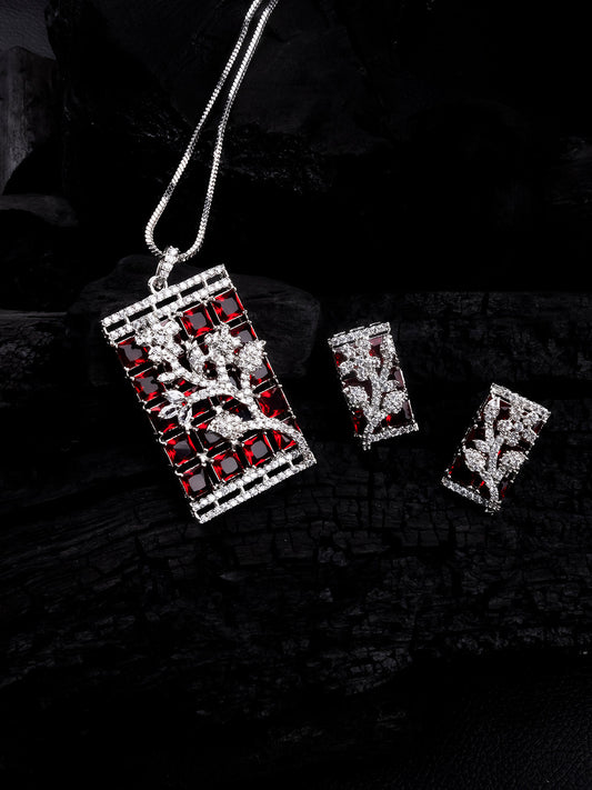 Luxurious Red AD Square Pendant Set With Studs