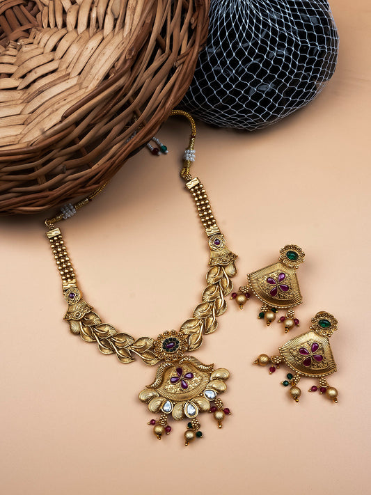 Gold Plated Kempu Hydra Rajwadi Necklace Set - Intricately designed necklace with Kempu stones, reflecting traditional Indian charm.