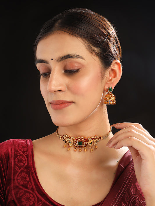 Exquisite Gold Plated Leaf Choker Set With Jhumkis