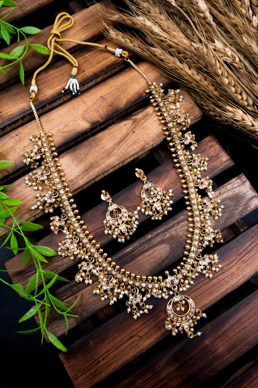 Luxurious Gold Plated Guttapusallu Long Necklace Set