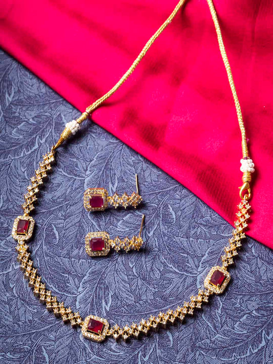 Exquisite Gold Plated Ruby Designer AD Necklace Set | Trendy Jewelry