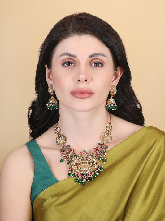 Gold Plated Green Beads Lakshmi Pendant Necklace Set