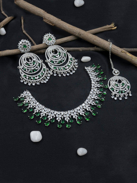 Handcrafted Silver Plated Green CZ AD Studded Bridal Necklace With Danglers and Maangtika