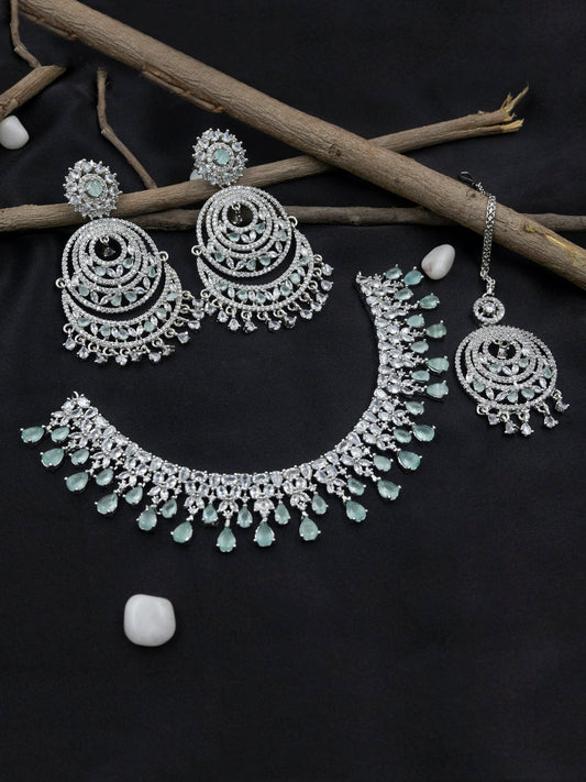 Handcrafted Silver Plated Turquoise CZ AD Studded Bridal Necklace Set With Danglers and Maangtika