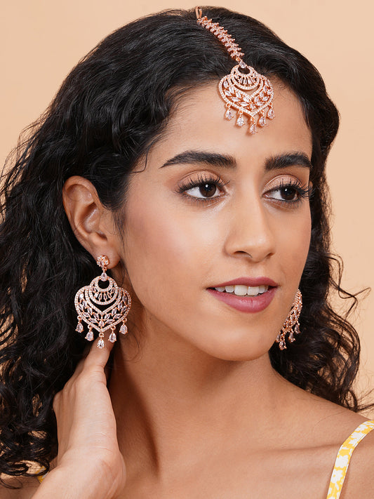 Sparkling AD Paan Style Earring-Maangtika Set in Rose Gold Tone | Shop Now