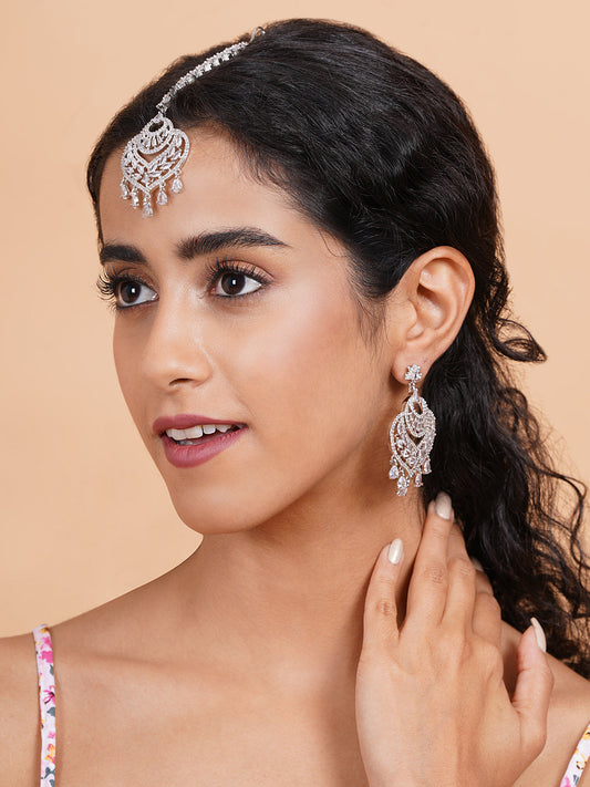 Sparkling AD Paan Style Earring-Maangtika Set in Silver Tone | Shop Now