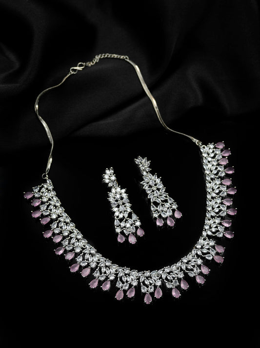 Sleek Elegant Silver Plated Pink AD Studded Designer Necklace Set | Shop Now