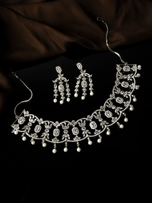 Silver Plated CZ AD Studded Flower Designer Choker Set | Elegant Jewelry