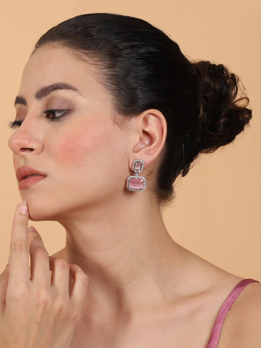 Exquisite Minimalist Look Pastel Pink CZ AD Statement Earrings