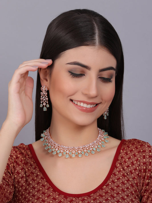 Elegant Rose Gold Plated Turquoise Cubic Zirconia Party Wear Handcrafted Necklace Set
