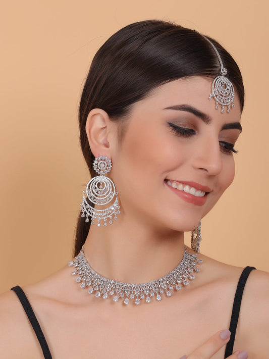 Handcrafted Silver Plated White CZ AD Studded Bridal Necklace Set With Danglers and Maangtika